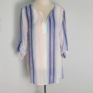 Life Style Multicolor Striped V-Neck Blouse, Size Large